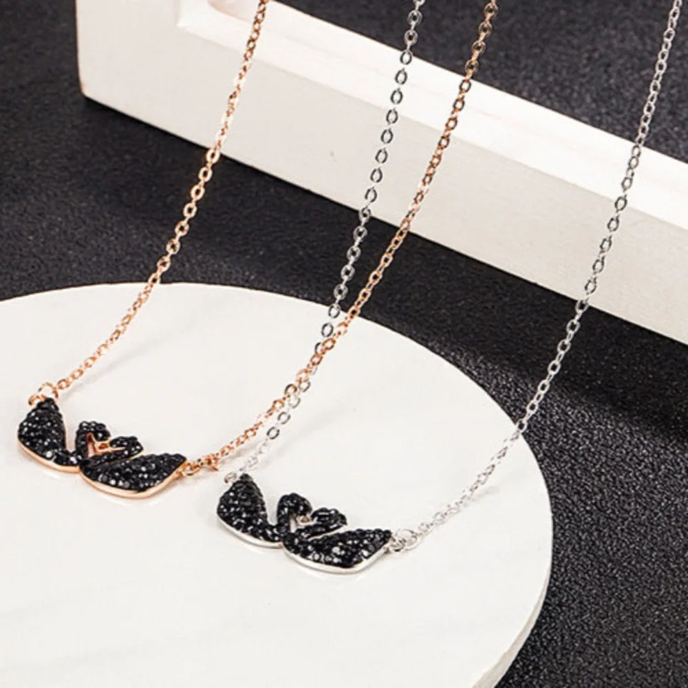 18K Rose Gold Black Swan Kiss Necklace Black Crystal Gemstone Bohemian No Fade - Picture 7 of 9